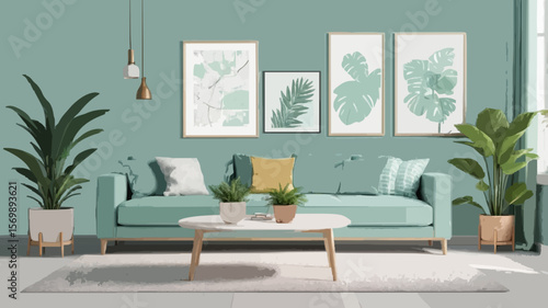 Wallpaper Mural Stylish scandinavian living room with design mint sofa, furnitures, mock up poster map, plants and elegant personal accessories. Modern home decor. Bright and sunny room. Template Ready to use.
 Torontodigital.ca