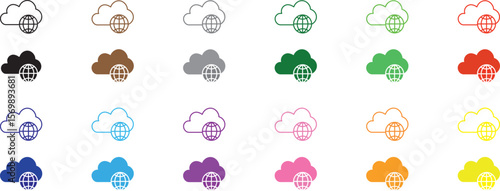 Colorful cloud globe icons set. Line and flat icon. Cloud internet. Web service icon. Cloud connectivity logo.
