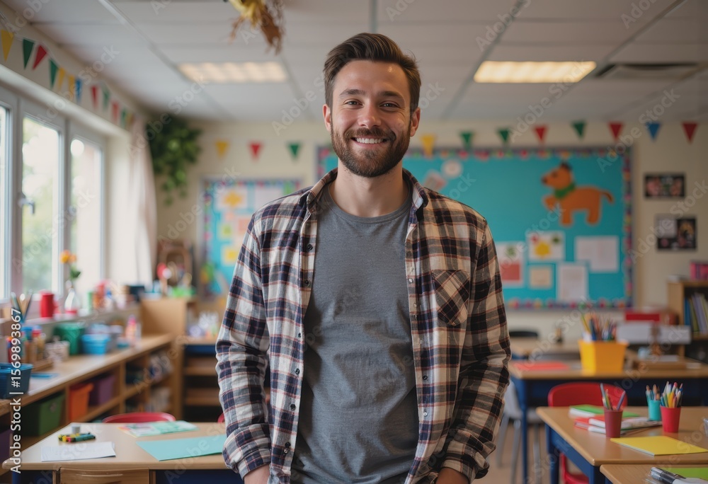 Fototapeta premium School teacher smiling in a festive classroom filled with colorful decorations