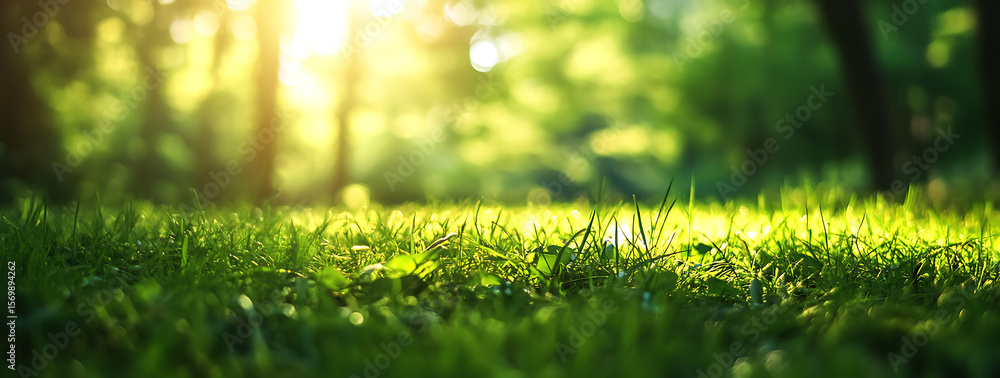 Fototapeta premium Beautiful blurred background of spring nature on a sunny day with bokeh, a green grass meadow, and sunlight in the forest, a banner for copy space.