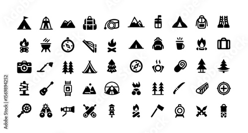 Camping and Outdoor Adventure Icon Set – Black Glyph Vector Silhouettes of Tent, Campfire, Backpack, Compass, Kayak, Hiking, Eco-Tourism, and Wilderness Exploration