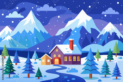 Stylized Winter Landscape with House Mountains Snowfall and Evergreen Trees