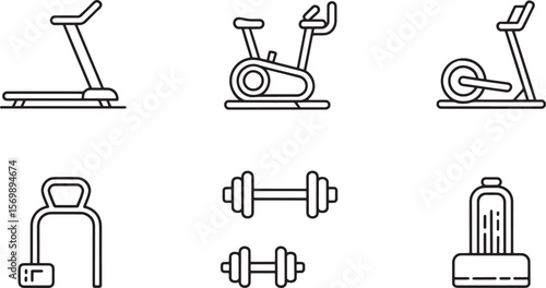 Essential Fitness Equipment Icons: Exercise Bike and Dumbbell Line Art Vector Set.