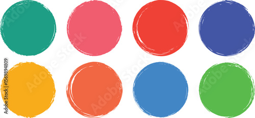Vector art of eight colorful circles with rough brush stroke textures isolated on transparent background