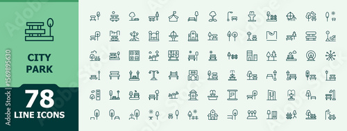 City Park line icon set. Minimal web icons set. Signs for web and mobile app. Park related icon set. Includes thin line symbols city, recreation, outdoor, park, land, cityscape and more.