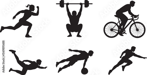 Dynamic Silhouettes of Athletes: Weightlifting, Running, and Skateboarding Sports Vector Art.

