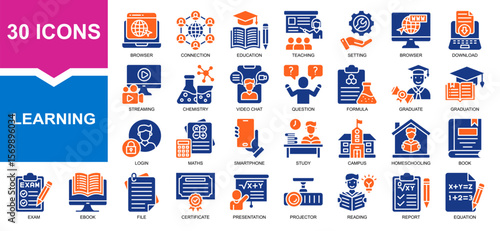 Vector set of learning fill collection. Containing teaching. study, graduation, question, homeschooling