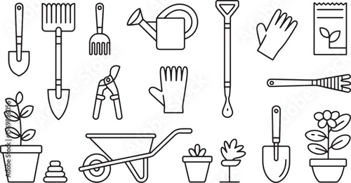  Essential Gardening Tools and Equipment: Detailed Line Art Vector Icons for Horticulture.