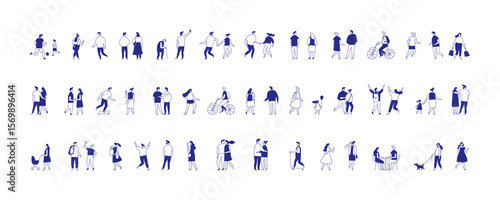 Contemporary illustration of  vector people line silhouette  in motion, couples, families, friends, pets, and cyclists. Perfect for lifestyle, diversity, and urban-themed creative projects.