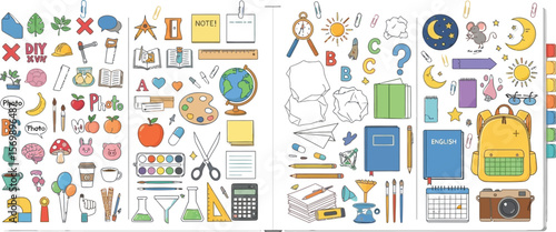 Back to school scrapbook stickers collage, education supplies and study tools, student life organizer page