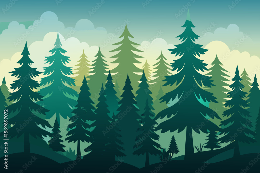 Obraz premium Stylized Evergreen Forest Landscape with Clouds and Gradient Sky Background
