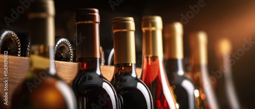 The exquisite collection of wine bottles glowing in a dimly lit setting.