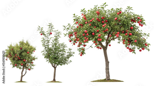 Three Apple Trees Growth Stages, Isolated on Transparent Background, Red Apples, Orchard, Plant, Apple tree, Fruit tree, Growth stages