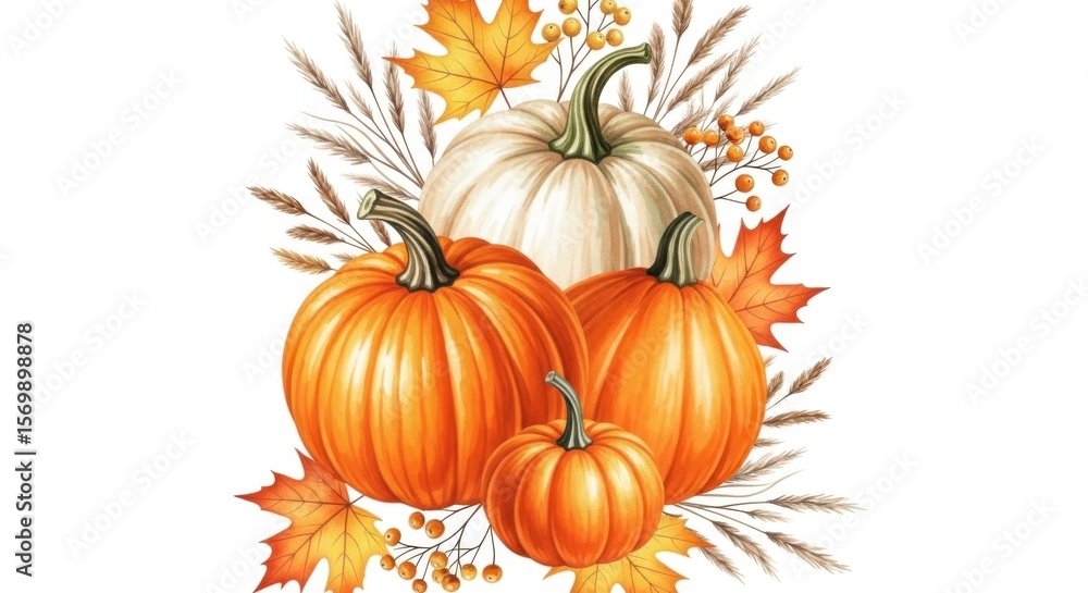 Fototapeta premium Arrangement of gourds with foliage and berries on a plain background art