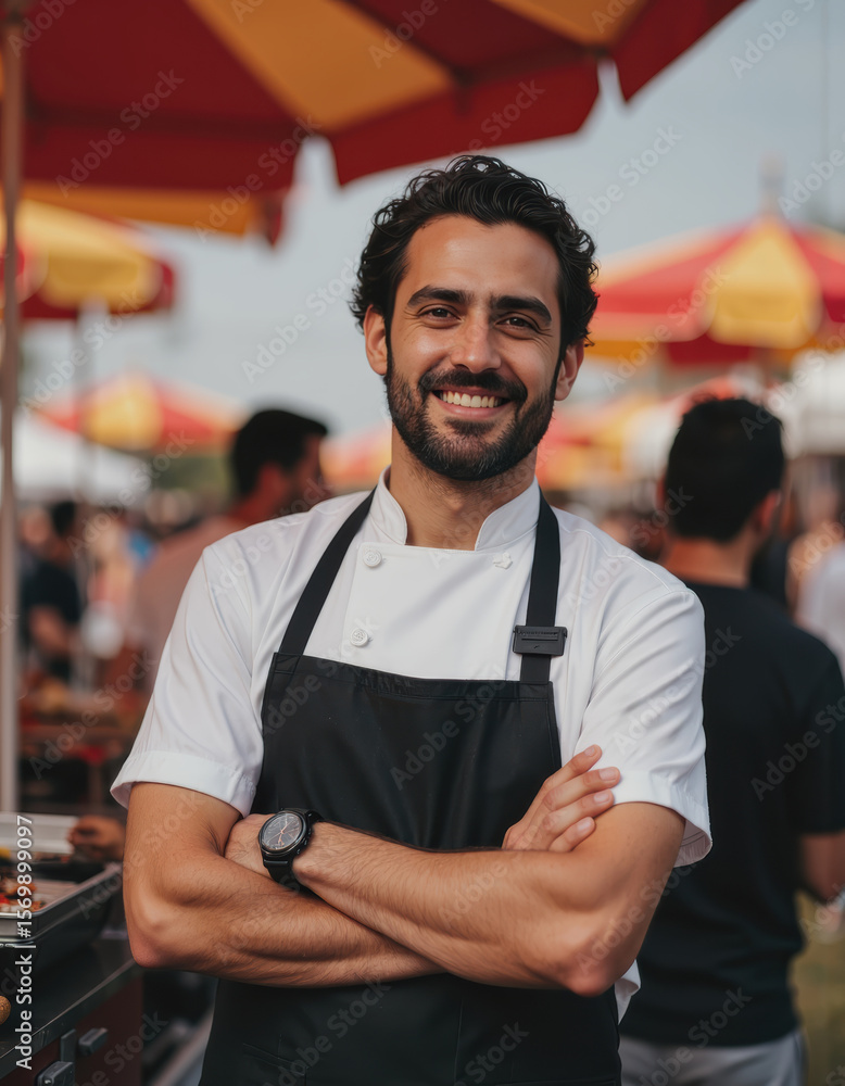 Fototapeta premium Kebab chef smiling proudly at a vibrant food festival