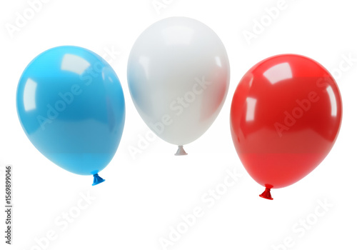 Three glossy balloons blue white and red float in a black void