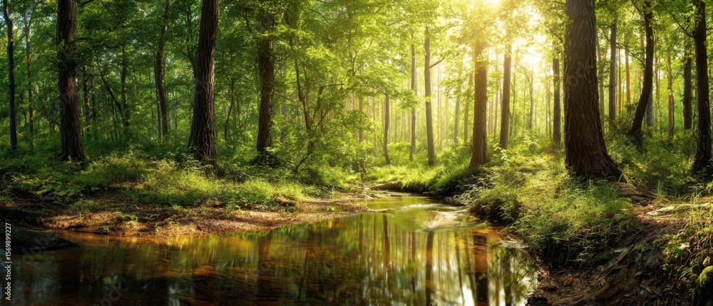 Obraz premium The Serene Forest Stream Bathed in Golden Sunlight