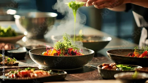 Chef preparing a gourmet salad dish in the kitchen, 4k video