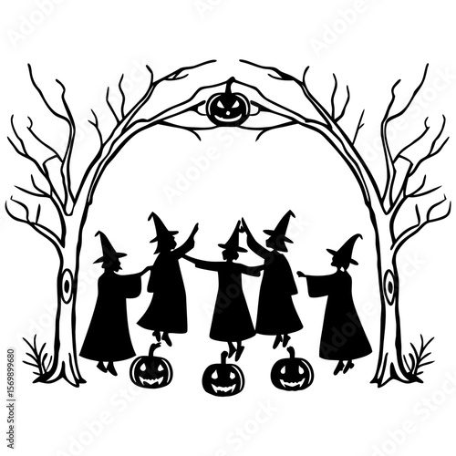 Mystical Witch Coven Ritual Halloween Silhouette Art
