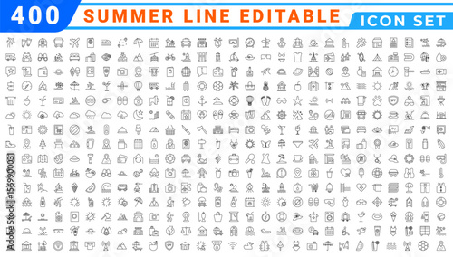 summer line editable icon set. Containing holidays, beach, adventure, travel, summer camp, etc. Editable stroke. Vector illustration