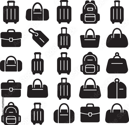 Collection of black silhouette icons representing various types of luggage including suitcases backpacks duffel bags briefcases and a luggage tag