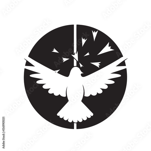 Peace Dove Symbol with Explosions in Black and White for Conflict News, Anti-War Campaigns, and Peace Advocacy Materials  
