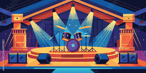 Empty Stage with Drum Kit Spotlight Illumination spotlights