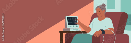 Elderly patient using home biomed monitoring station, vector banner
