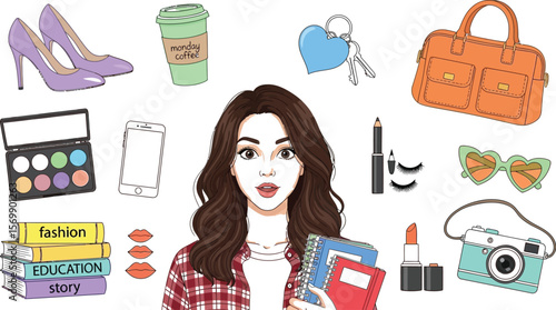 Stylish girl with fashion accessories books makeup and coffee for lifestyle blog or social media post