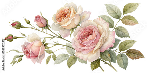 Watercolor Pastel Roses Bouquet, Isolated on Transparent Background, Floral Illustration, Botanical Art, Roses, Watercolor, Botanical
