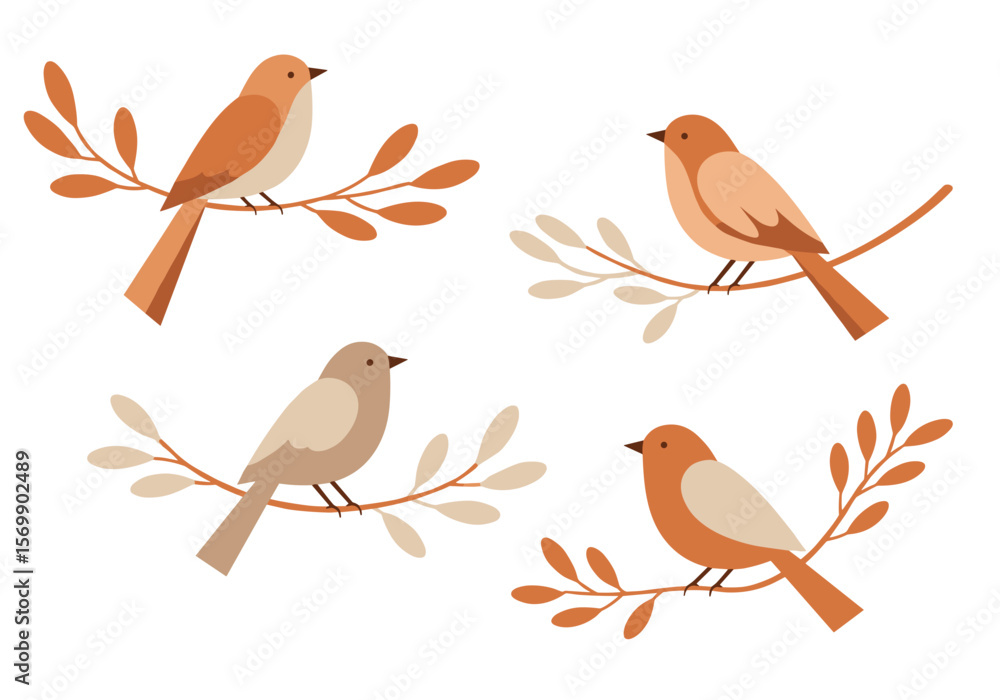 Obraz premium Four illustrated birds perched on branches with leaves in autumn colors 
