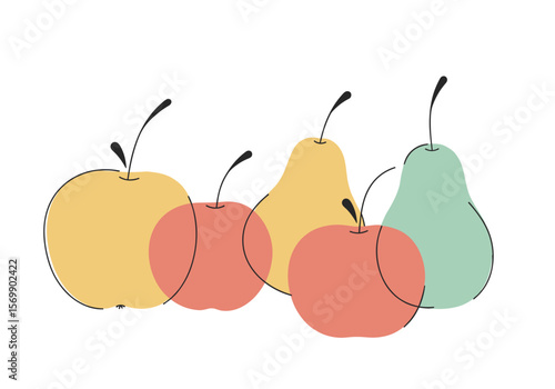 Colorful apples and pears in minimalist style on white background  