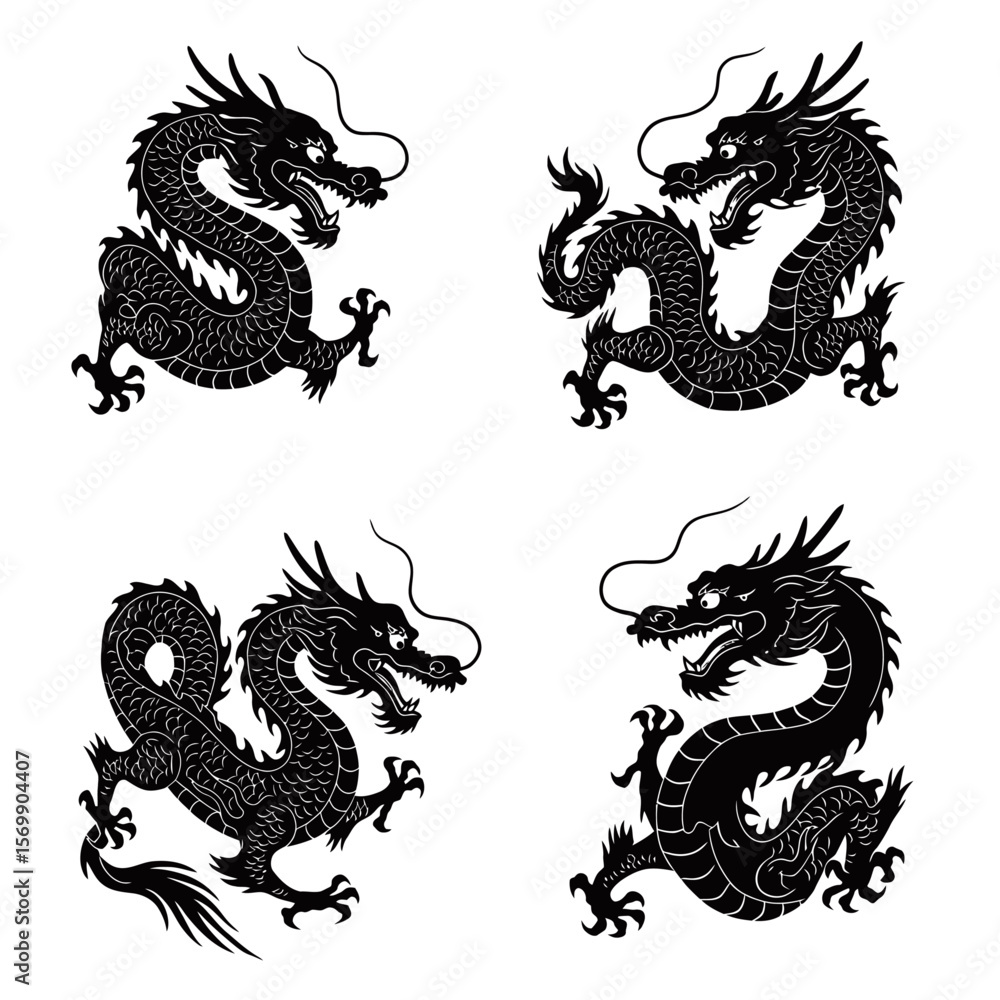 Obraz premium Black and white heraldic dragon set vector illustration with medieval fantasy animal silhouette design for festival concept