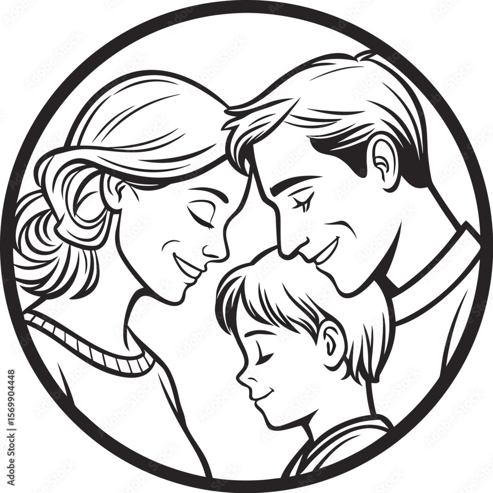 Heartwarming Black and White Family Illustration Depicting Parents and Child in Loving Embrace Heartwarming Black and White Family Illustration Depicting Parents and Child in Loving Embrace