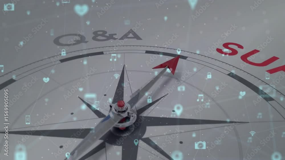 Holographic icons fading into network as 3D compass needle rotating clockwise marking support label Holographic icons fading into network as 3D compass needle rotating clockwise marking support label