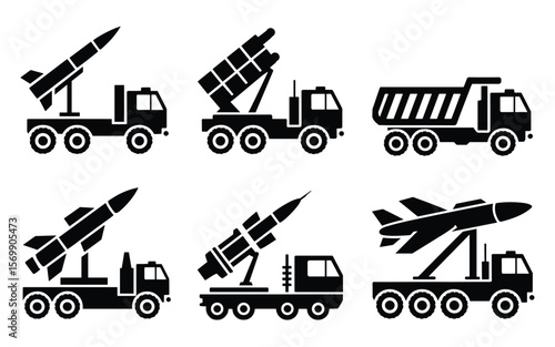 Military Truck Silhouette Icons Featuring Missile and Launch Systems