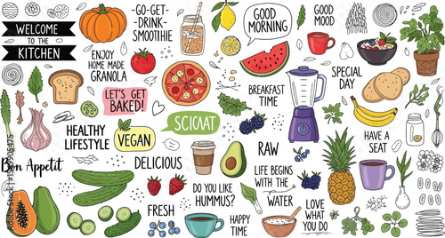 Healthy eating kitchen illustration with fruits and vegetables design