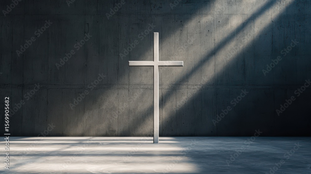 Naklejka premium Weathered cross bathed in radiant light, standing against raw concrete backdrop, moody contrast of light and shadow, serene ambiance