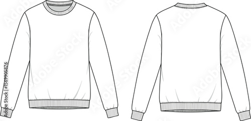 Blank White Unisex Crew Neck Sweatshirt Flat CAD Drawing Template for Apparel Design and Fashion Mockups, Front and Back Views"