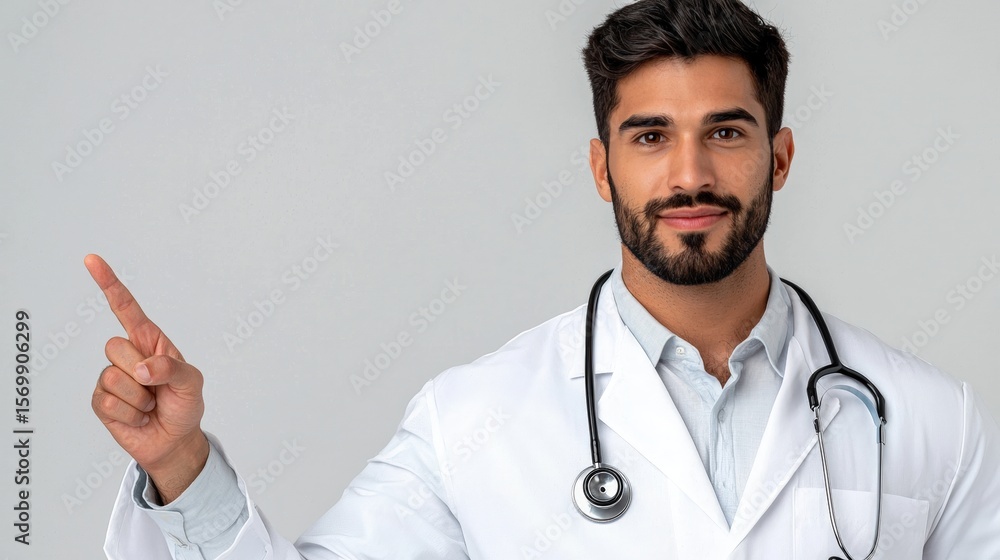Doctor pointing upward modern healthcare image Doctor pointing upward modern healthcare image