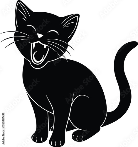 black silhouette of a cute kitten yawning on white.eps