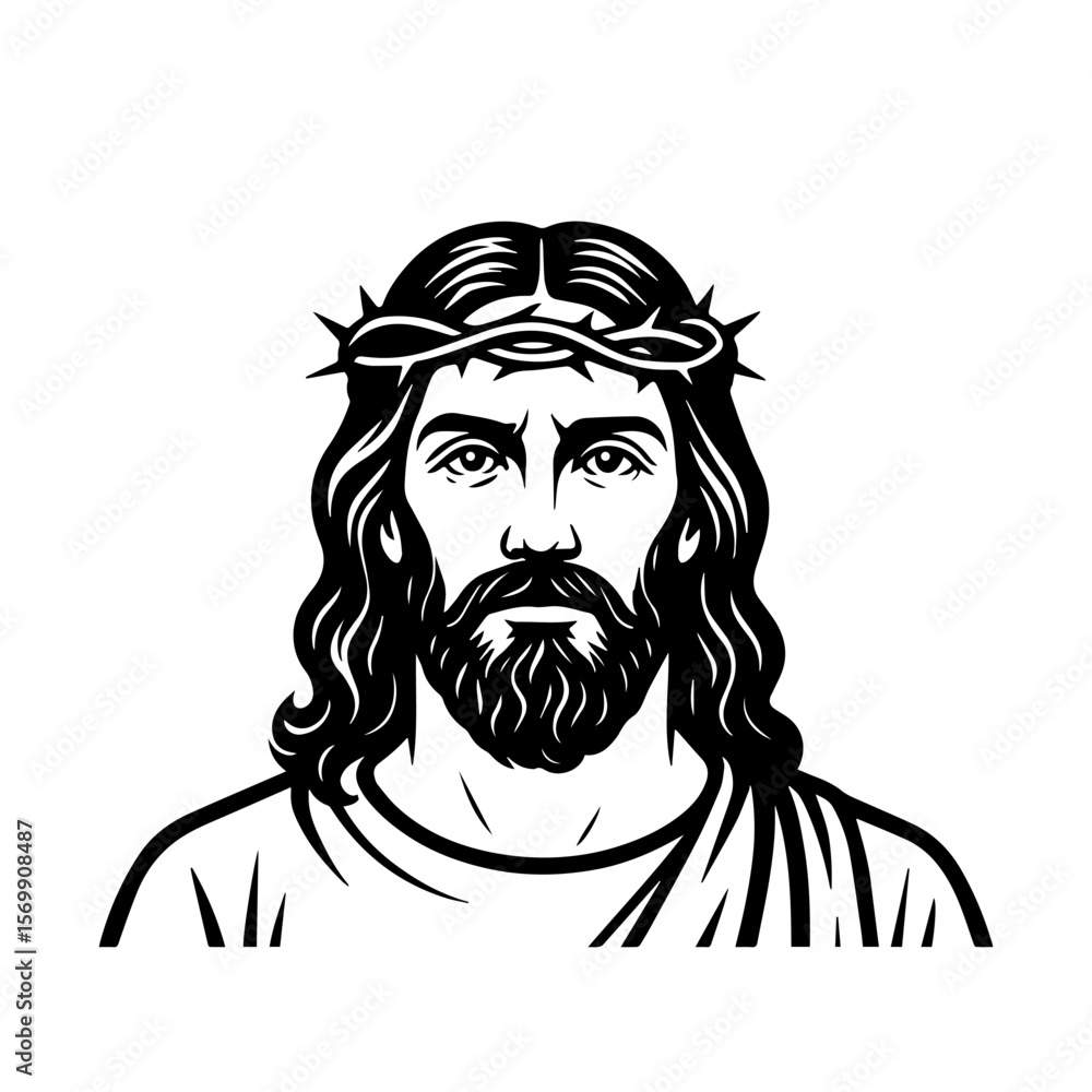 Obraz premium Jesus black and white vector illustration. Stencil or silhouette of God