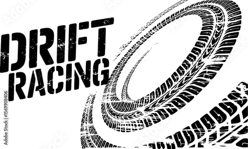 Black tire tracks and drift racing text with grunge effect vector