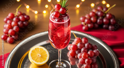 Wallpaper Mural A festive cocktail with grapes and lemon on a silver tray illuminated by string lights backdrop Torontodigital.ca