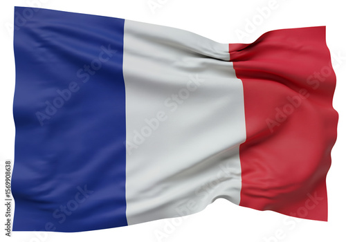 A waving French flag with blue white and red vertical stripes against a black background