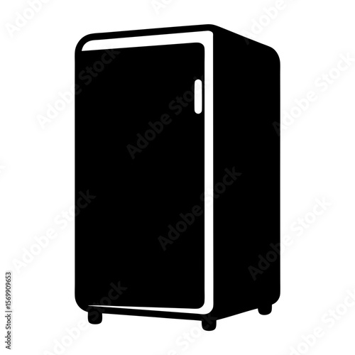 Black silhouette of a compact refrigerator with white trim and handle