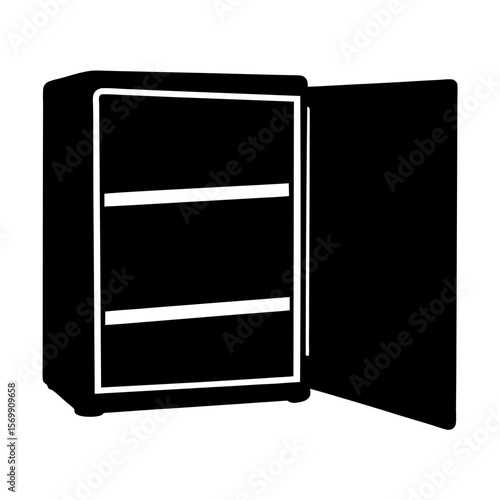 Black and white illustration of a cabinet with an open door