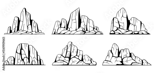 Stylized rock formations graphic design elements set mountain stone