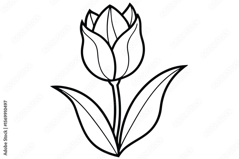 Obraz premium Line Art Depicting a Tulip Flower with Stem and Leaves Outline Design