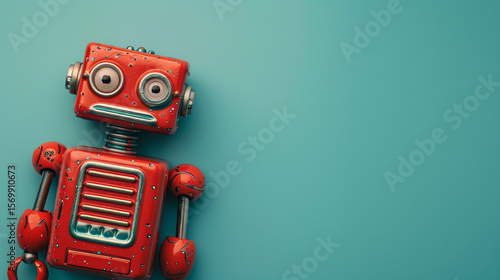 A tiny red wind-up robot toy lying flat on the left side of a pastel blue background, minimal overhead view.